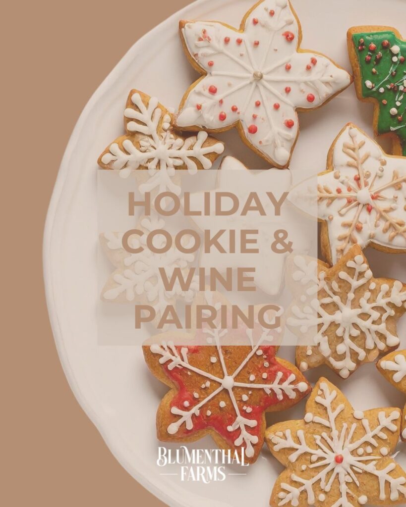 Christmas cookies on a plate with the words 'Holiday Cookie and Wine Pairing'