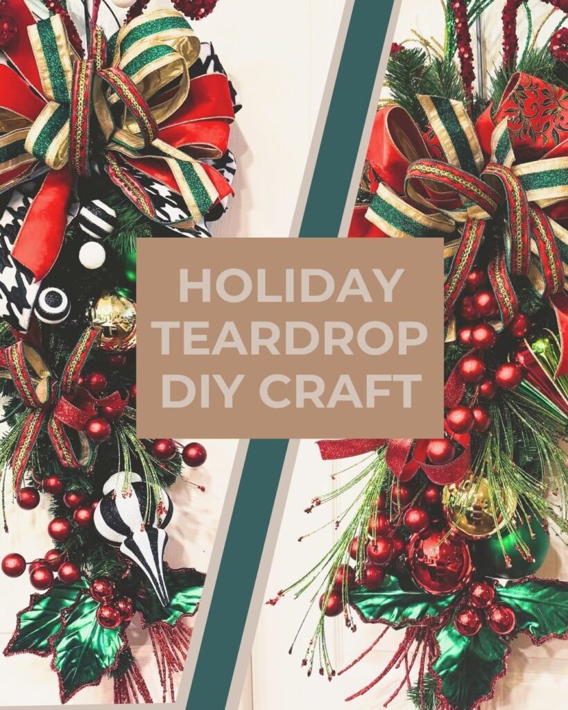 Two holiday teardrop wreath decor pieces hang on doors.