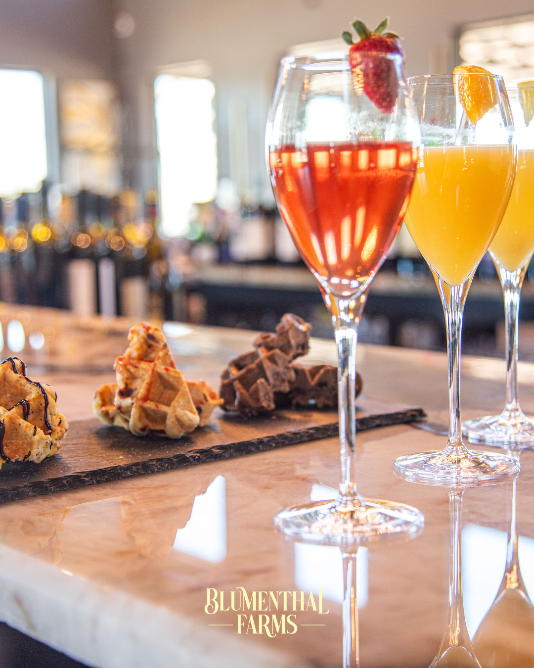 Waffles and mimosa pairing is hosted on weekends in April at Blumenthal Farms.